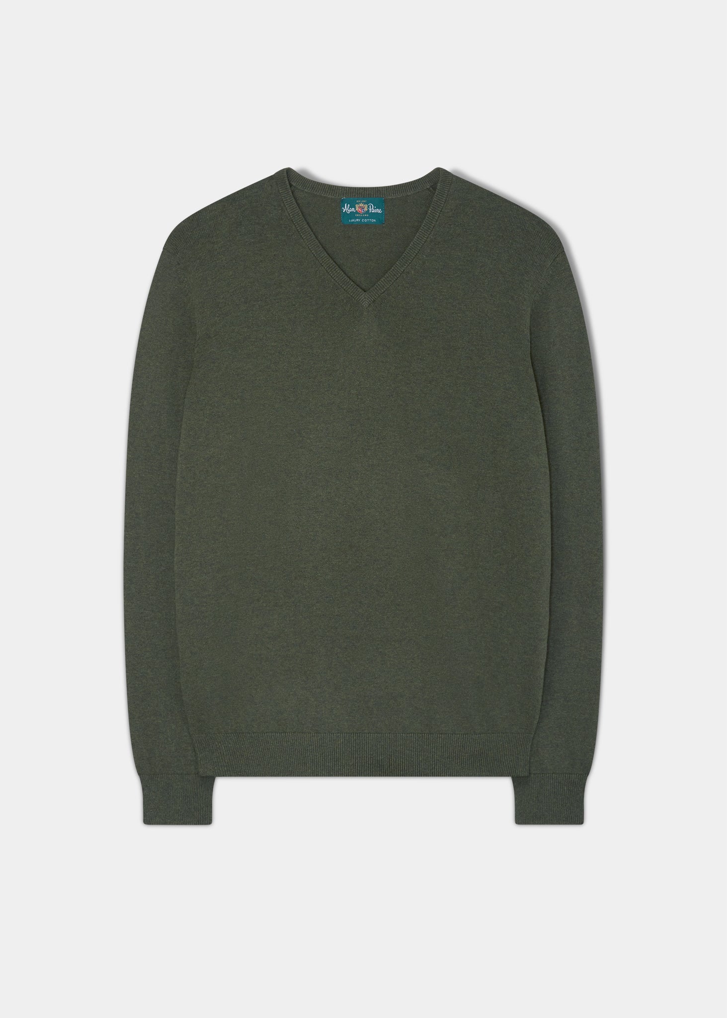 Cotton Cashmere Vee Neck Jumper In Spruce – Alan Paine Europe