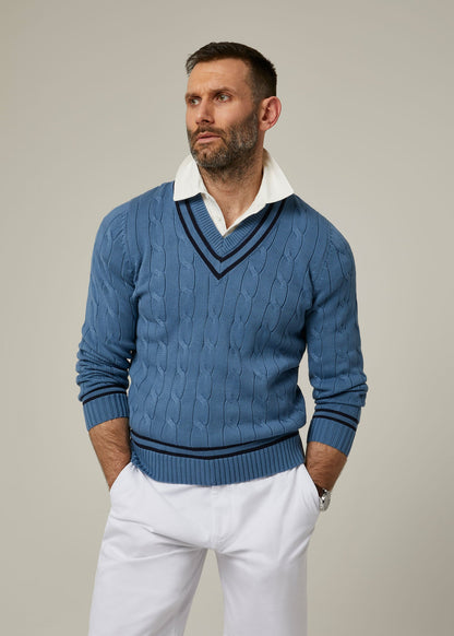 Sandridge Cable Knit Cricket Jumper In Airforce & Dark Navy