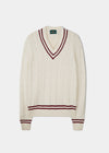 Ecru cricket jumper with a claret red trim and cable knit design.