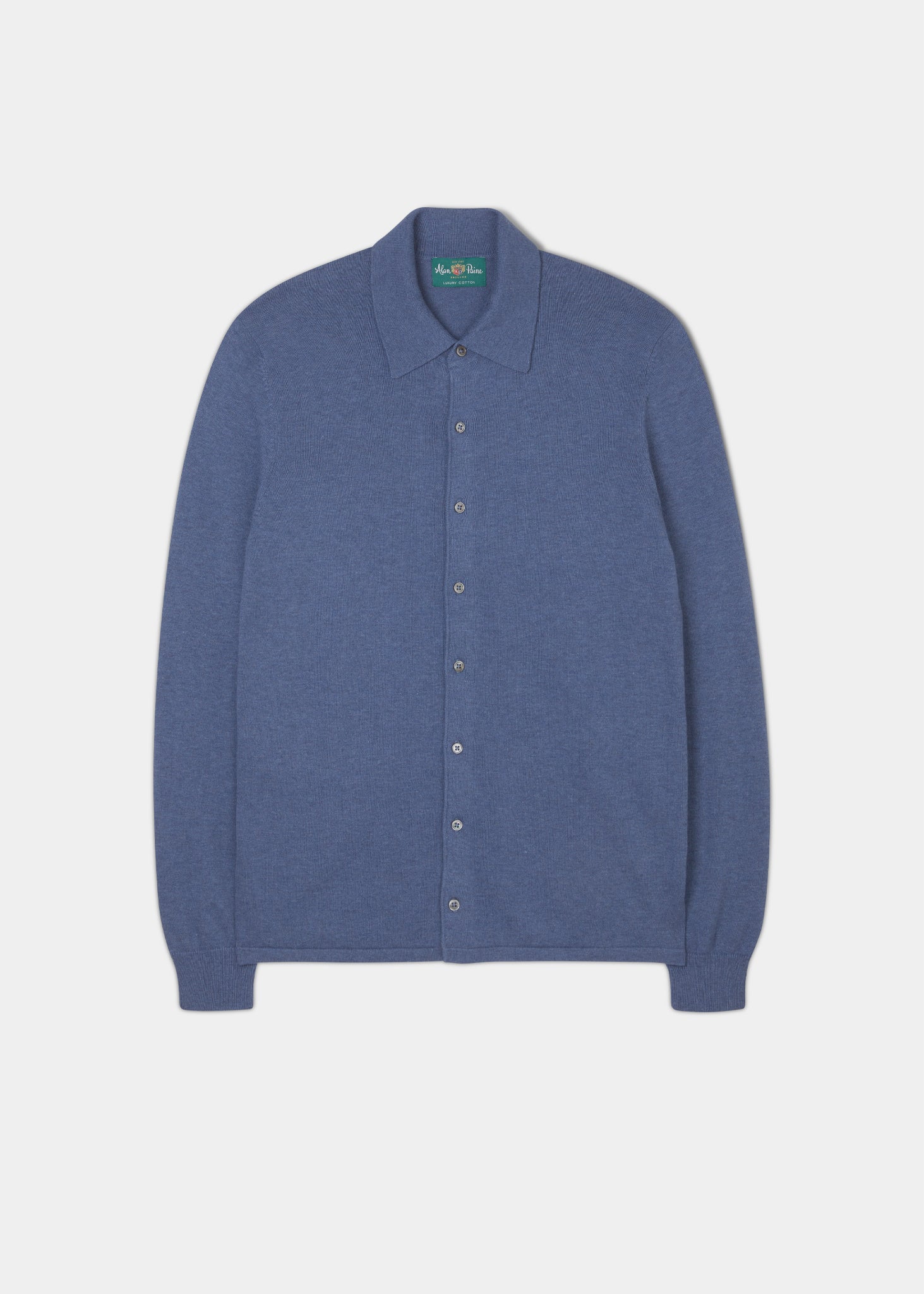 Long sleeve buttoned front shirt made with cotton cashmere in indigo blue.