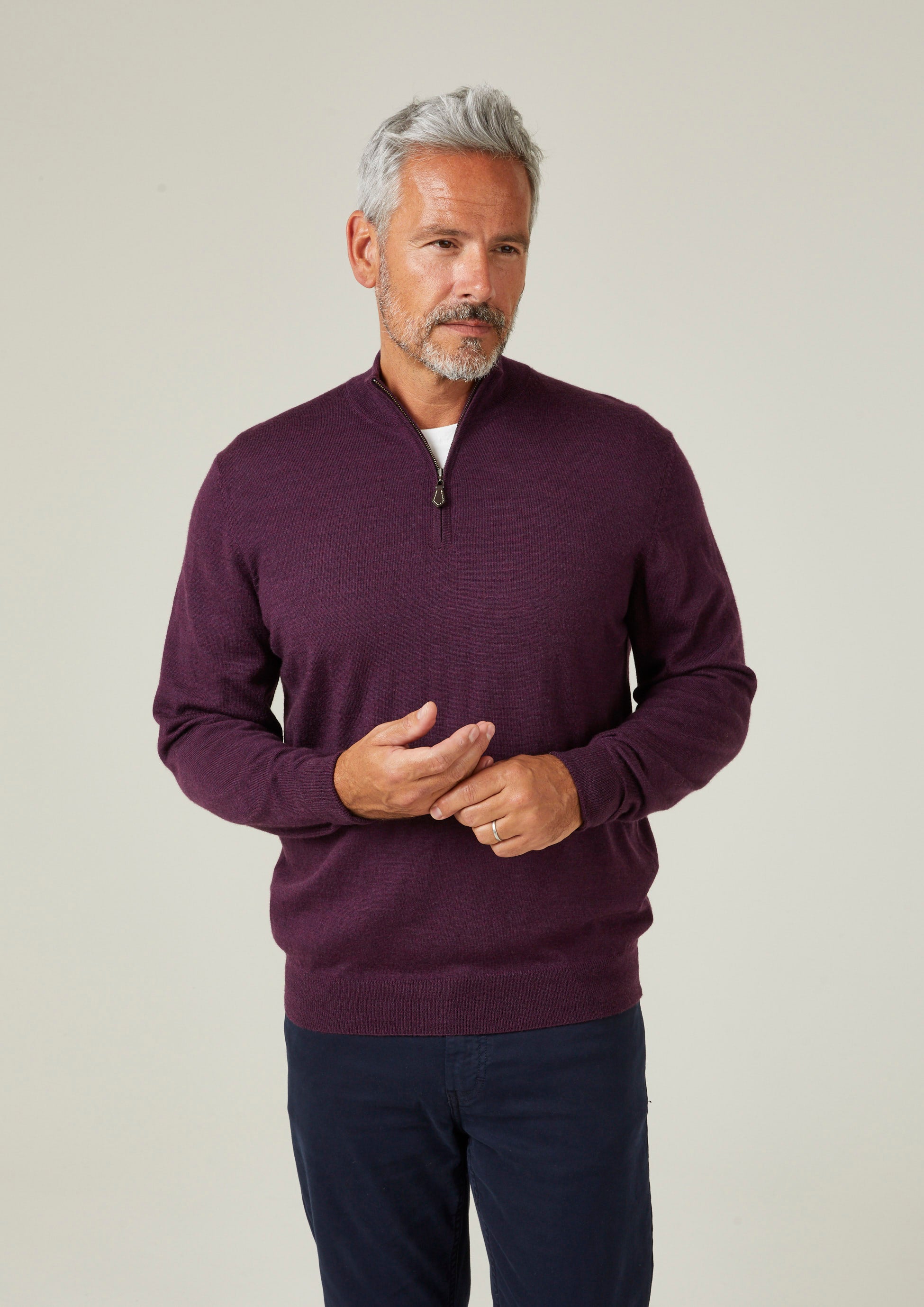 Men s Merino Wool 1 4 Zip Jumper in Black Grape Alan Paine EU