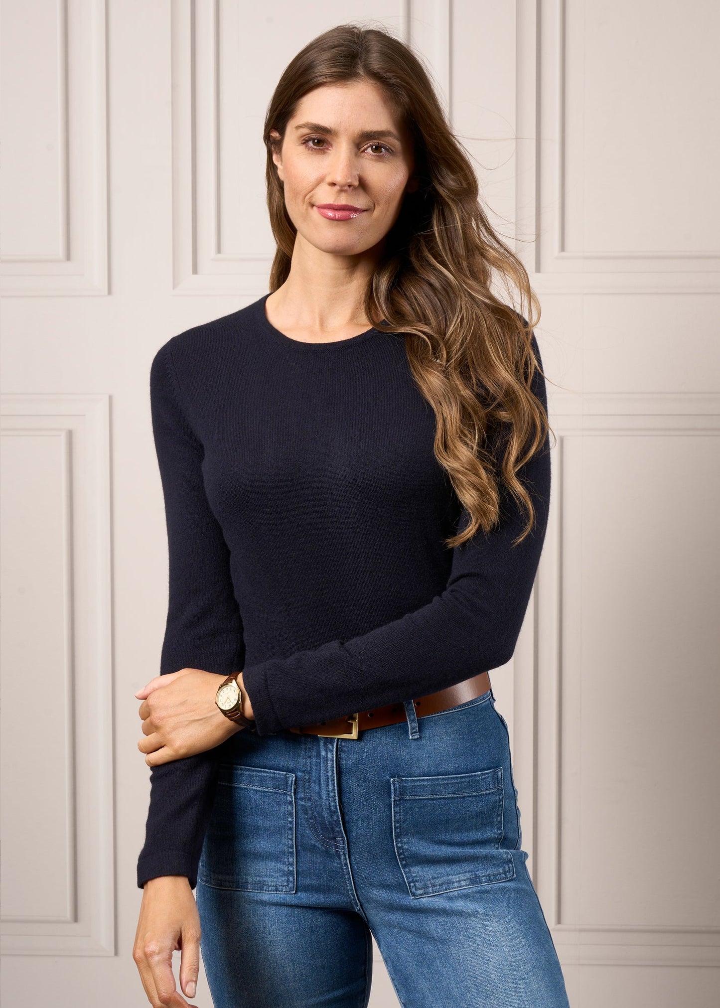 Ladies Cashmere Inset Sleeve Crew Neck Jumper In Dark Navy