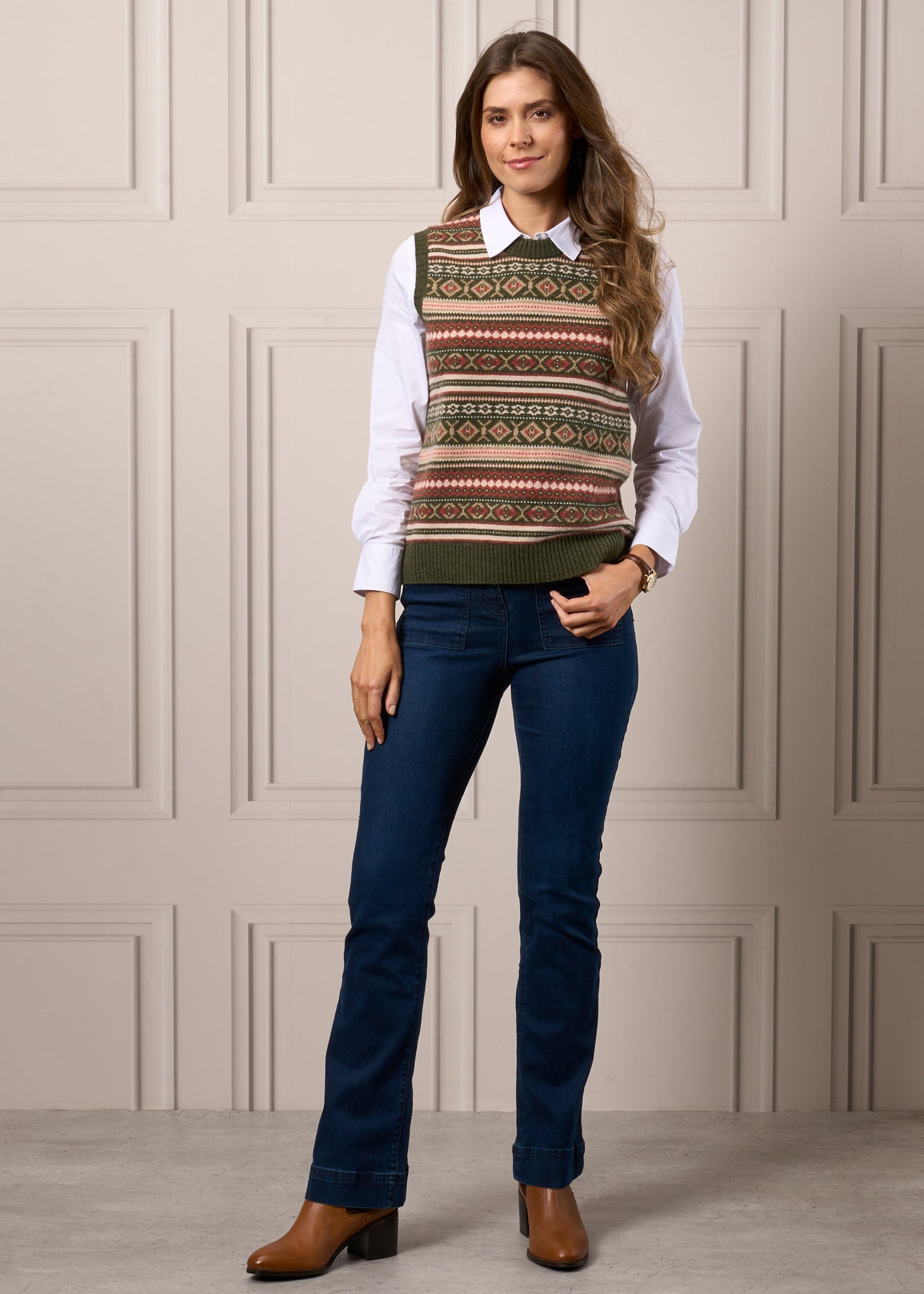 Amelia Ladies Fair Isle Sleeveless Crew Neck Jumper In Thyme