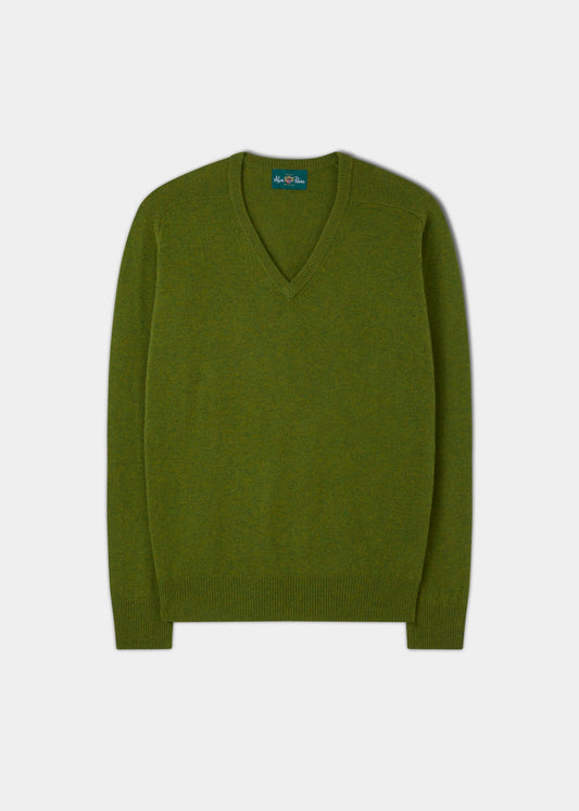 Men's Lambswool Vee Neck Jumper in Moss - Classic Fit