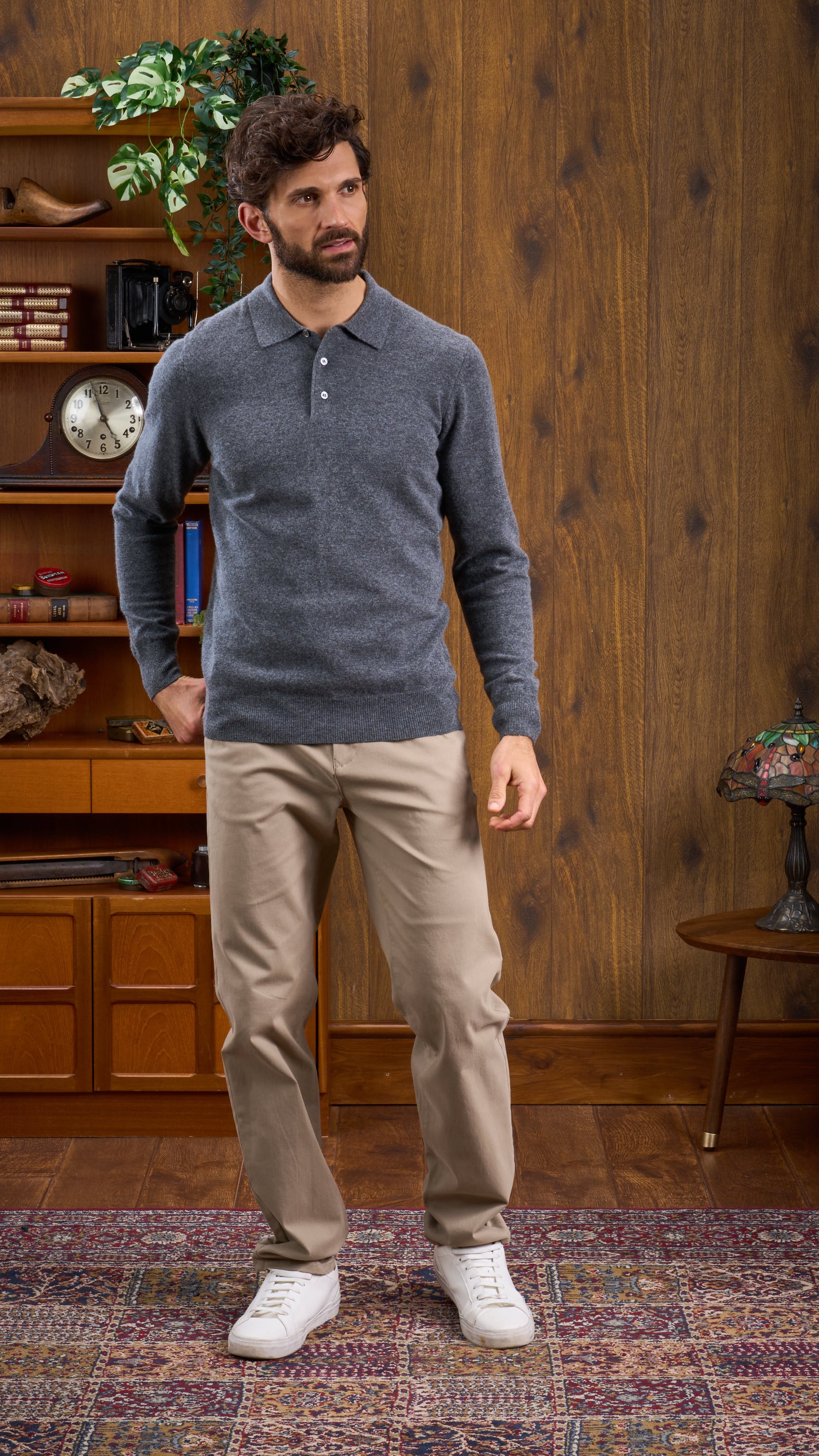 Geelong Wool Long Sleeve Polo Shirt in Dark Grey