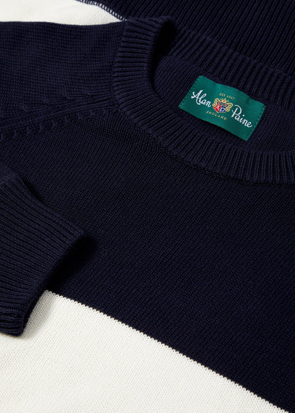 Wide stripe cotton jumper with a crew neck in dark navy & ecru.