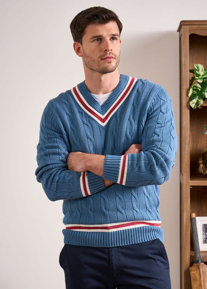 Sandridge Cable Knit Cricket Jumper In Airforce & Cherry