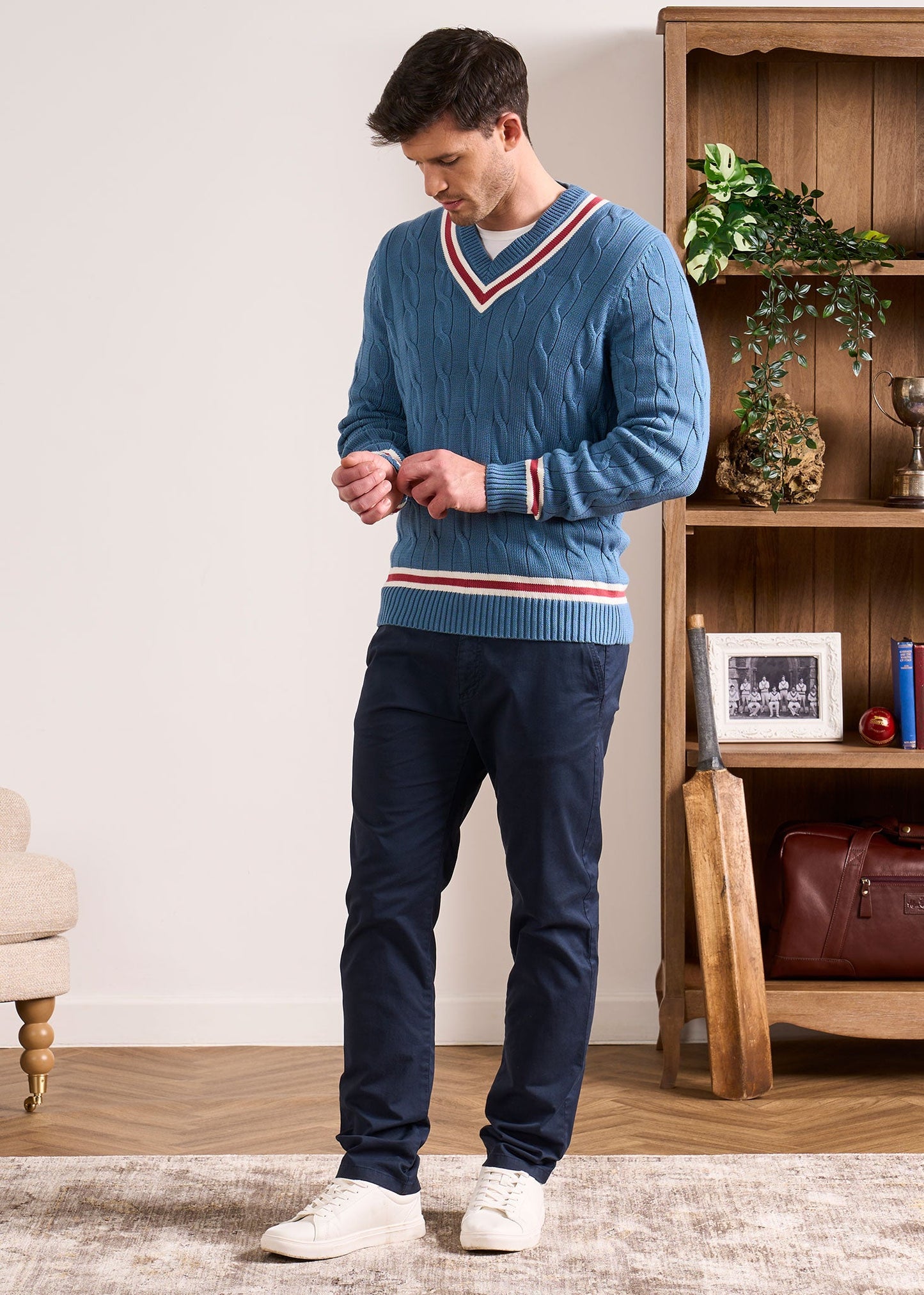 Sandridge Cable Knit Cricket Jumper In Airforce & Cherry