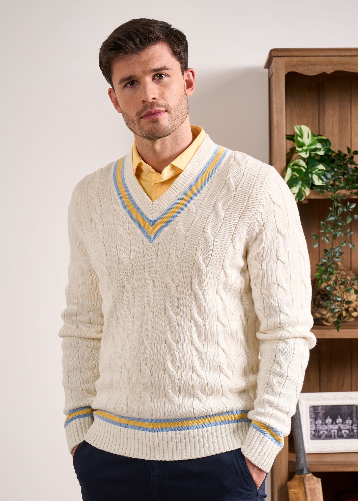 Sandridge Cable Knit Cricket Jumper In Ecru & Sun