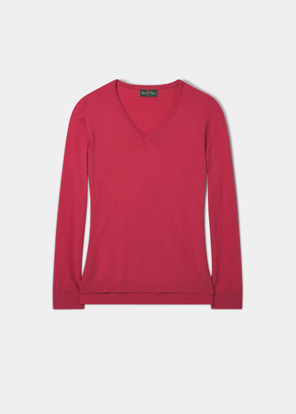 Thea Cotton Cashmere Vee Neck Jumper In Raspberry