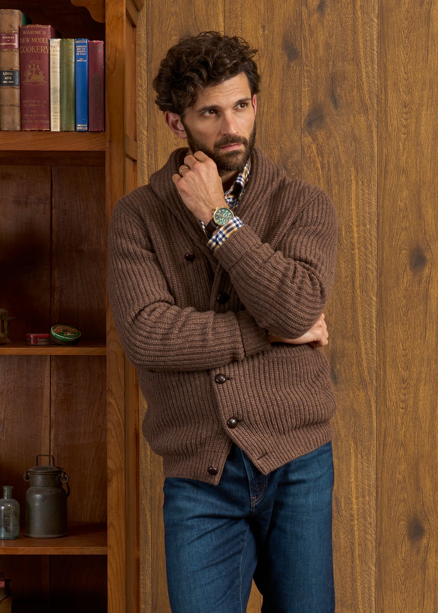 Usworth Men's Shawl Collar Lambswool Jumper In Tobacco