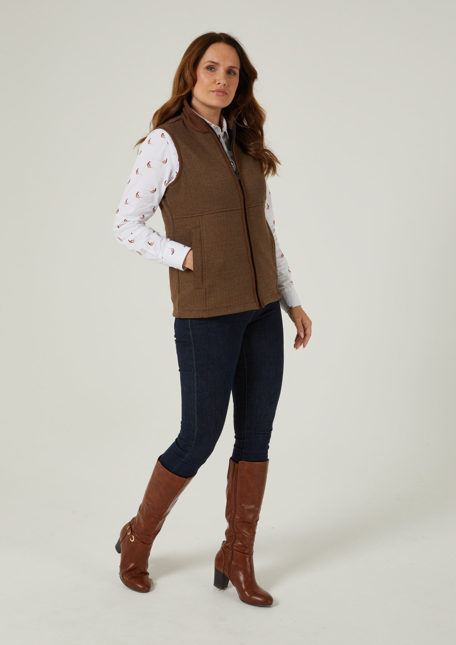 Aylsham Ladies Fleece Gilet In Brown Herringbone Regular Fit