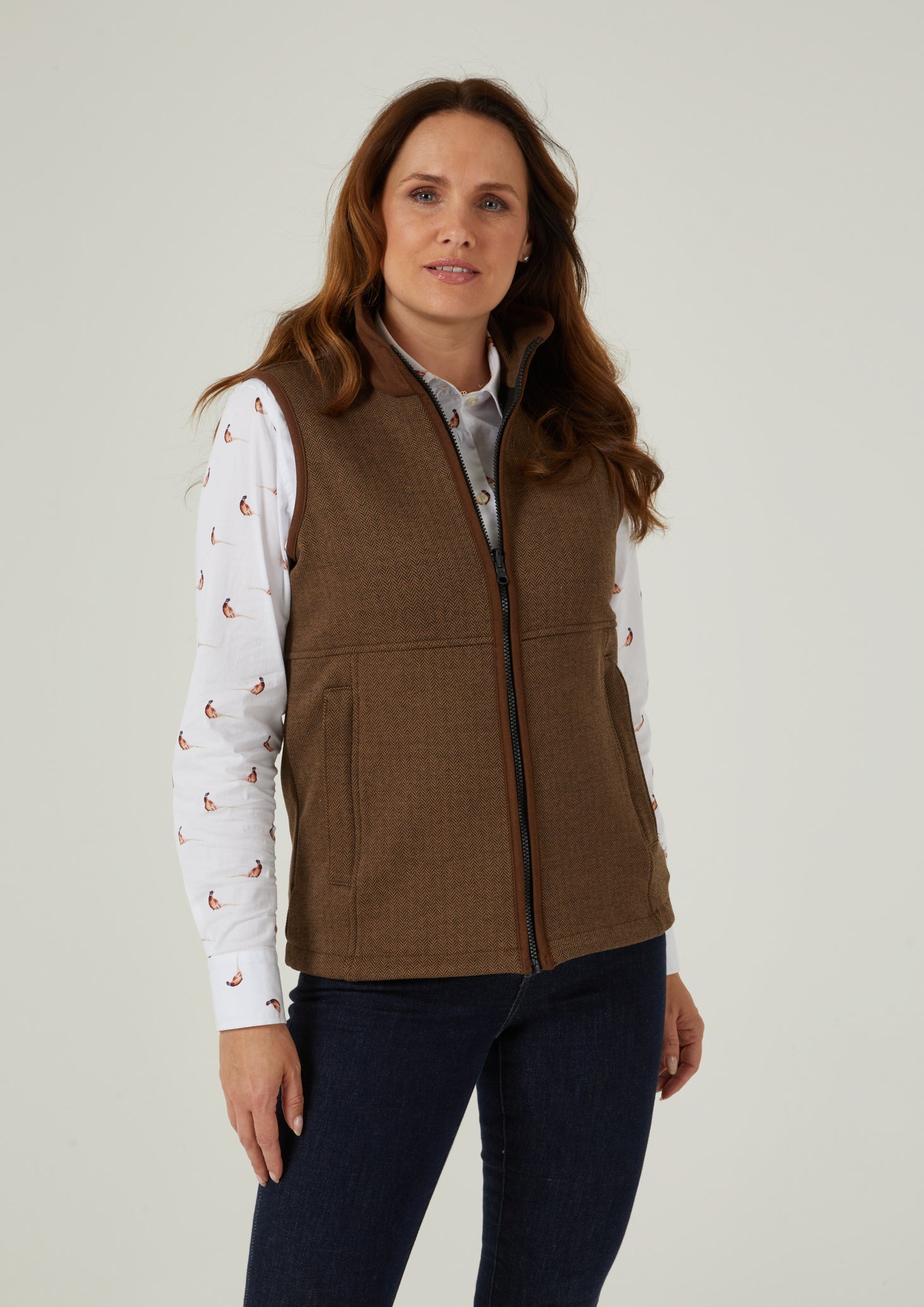 Ladies Fleece Gilet In Brown Herringbone Alan Paine EU Alan