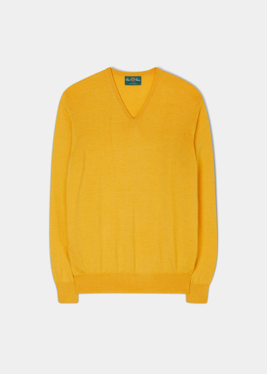 Mens vee neck merino wool jumper in sunrise