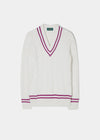 Ladies Vee Neck Cable Knit Cricket Jumper In Ecru and Orchid