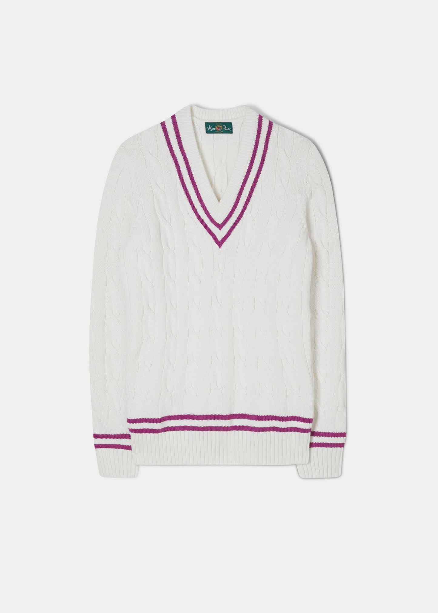 Ladies Vee Neck Cable Knit Cricket Jumper In Ecru and Orchid