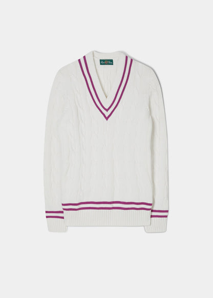 Ladies Vee Neck Cable Knit Cricket Jumper In Ecru and Orchid